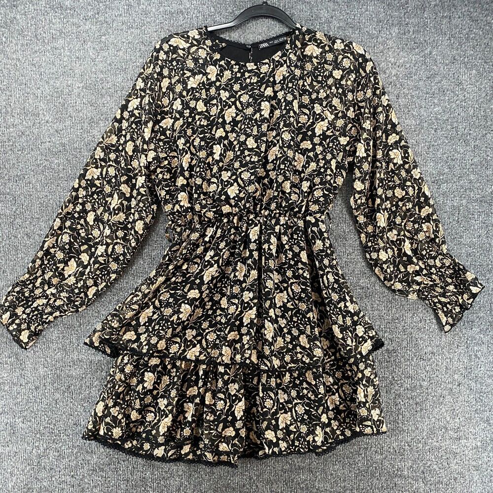 Zara Dress Womens S Black Floral A-Line Tiered‎ Fairy Cottagecore Boho Western